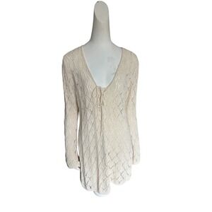 H&M Beachwear Cream Crochet Pointelle Knit Tie Front Tunic Cover Up XL NEW